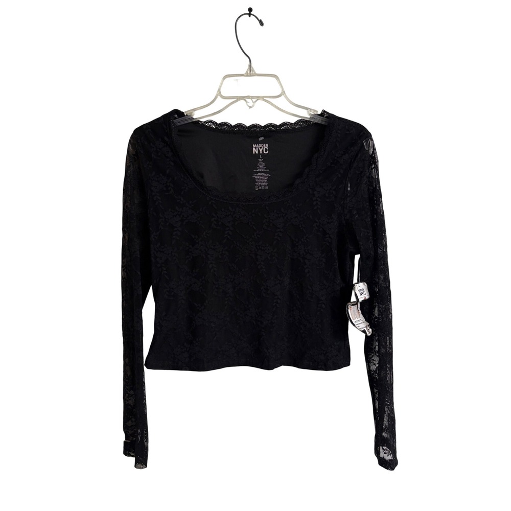 Madden NYC Black Floral Lace Scoop Neck Long Sleeve Blouse Size L Whimsygoth NWT